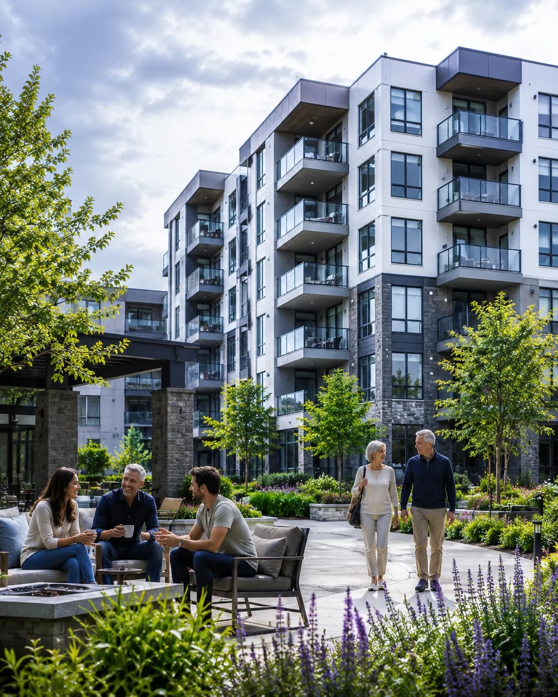 Residents talking in a landscaped condominium courtyard