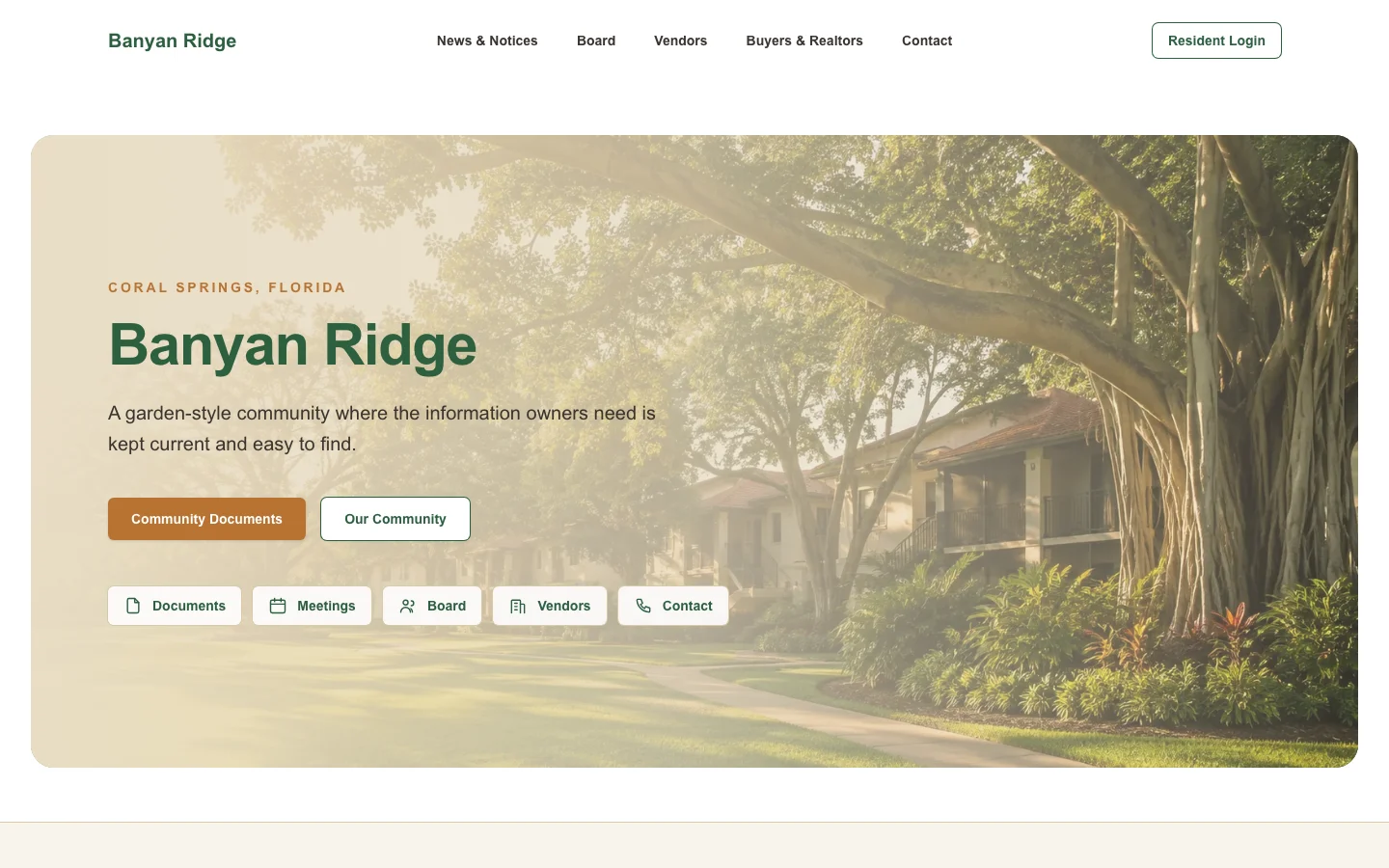 Banyan Ridge HOA demo website homepage